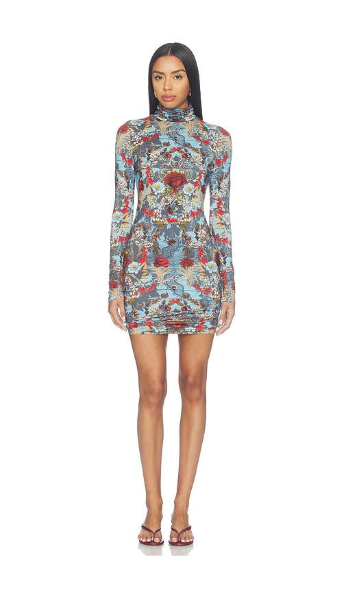 Delora Longsleeve Fitted Folded Turtleneck Mini Dress by Alice + Olivia in Heartstrings Mineral Blue