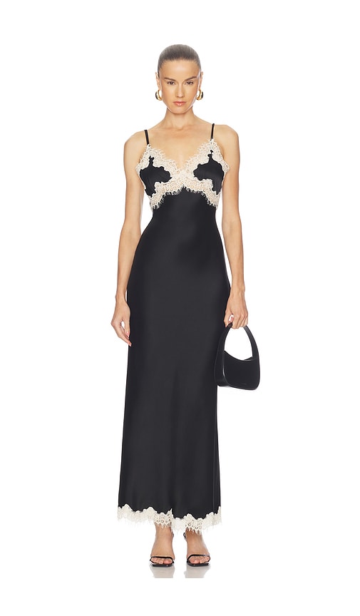 Julietta Hi Slit Lace Trim Maxi Slip Dress by Alice + Olivia in Black Chino