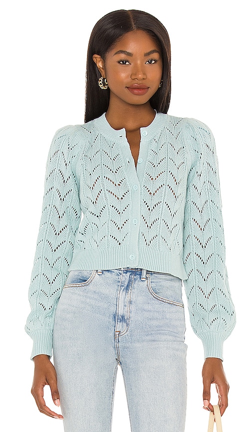Alice + Olivia Kitty Puff Sleeve Cardigan in Waterfall | REVOLVE
