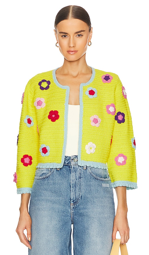 Alice And Olivia Anderson Floral Crochet Cardigan In Canary