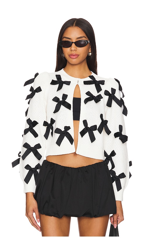 Shop Alice And Olivia Kitty Bow Cardigan In Soft White & Black