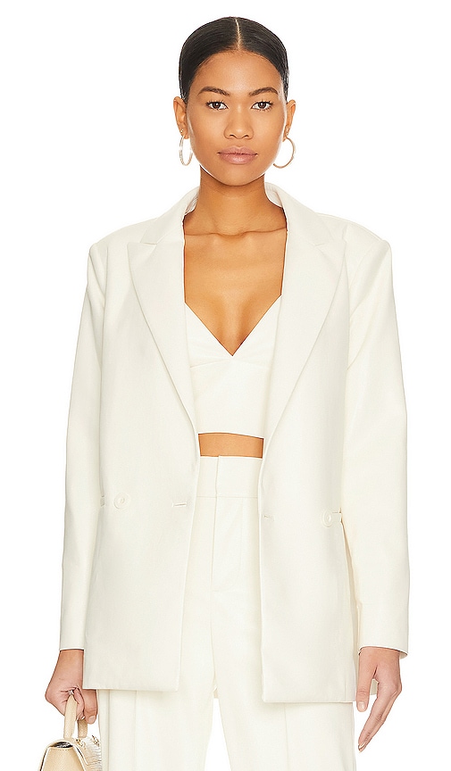 Alice And Olivia Justin Vegan Leather Roll-cuff Double-breasted Blazer In Ecru