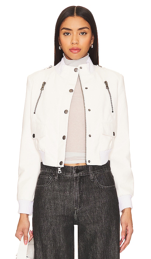 Alice And Olivia Ria Shrunken Faux Leather Moto Jacket In Off White