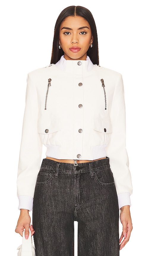 Shop Alice And Olivia Ria Shrunken Faux Leather Moto Jacket In Off White