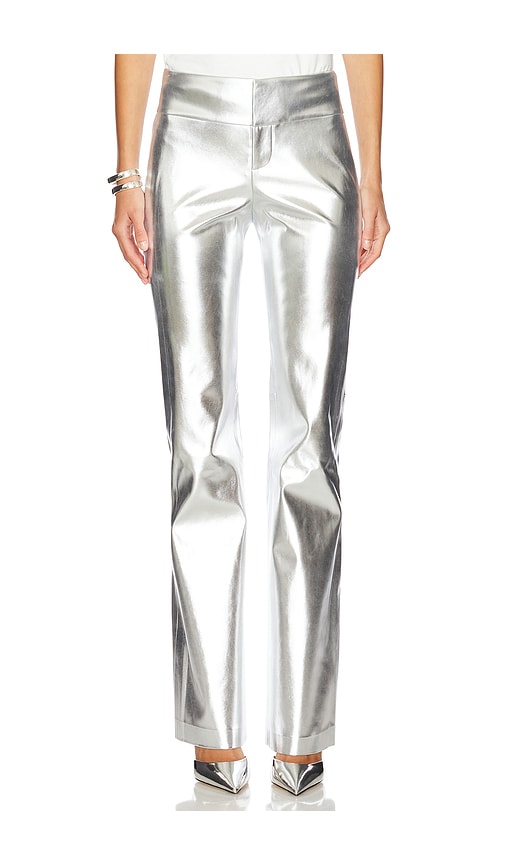 Alice And Olivia Olivia Faux Leather Fit Flare Pant In Metallic Silver