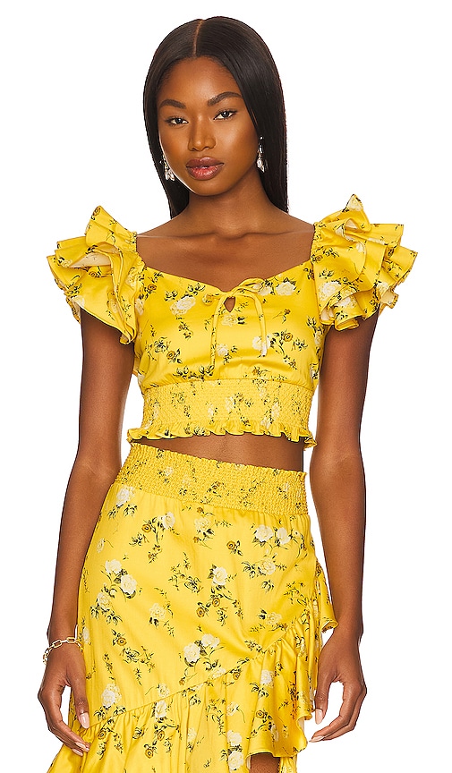 Alice + Olivia Shanae Ruffle Sleeve Tie Top in Escape Ditsy Sunbeam