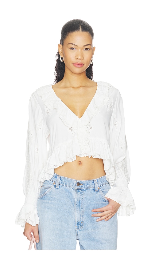 Skye Lace Applique V Neck Ruffle Cropped Blouse