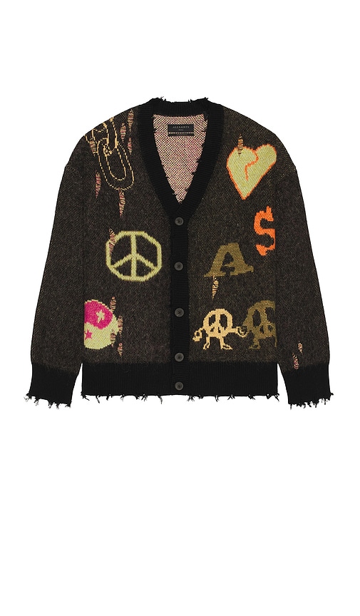 Allsaints Graphic-print Frayed Cardigan In Brown