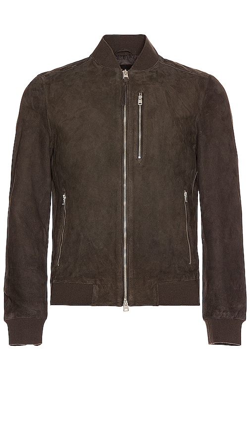 Allsaints Kemble Suede Bomber In Soot Grey