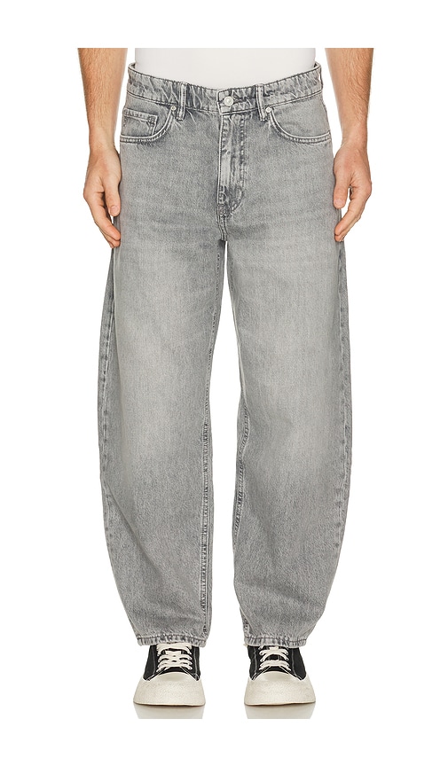 Allsaints Mens Washed Grey Curve Barrel-leg Jeans In Gray