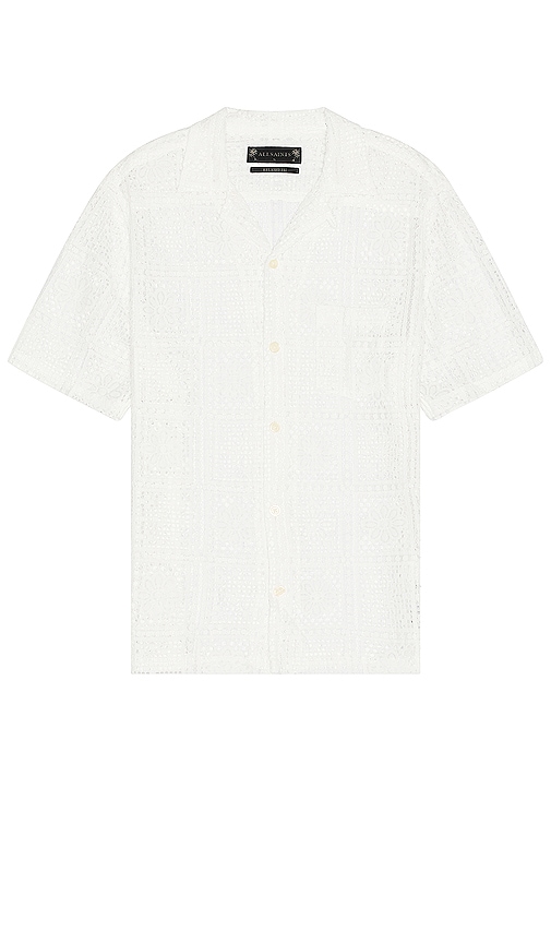 Allsaints Mens Cala White Llonga Crochet-pattern Relaxed-fit Woven Shirt