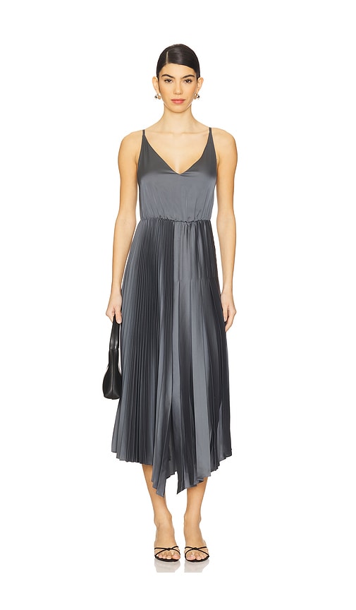Allsaints Womens Turbulence Gre Adriana Contrast-jumper Pleated-skirt Woven Midi Dress In Turbulence Grey