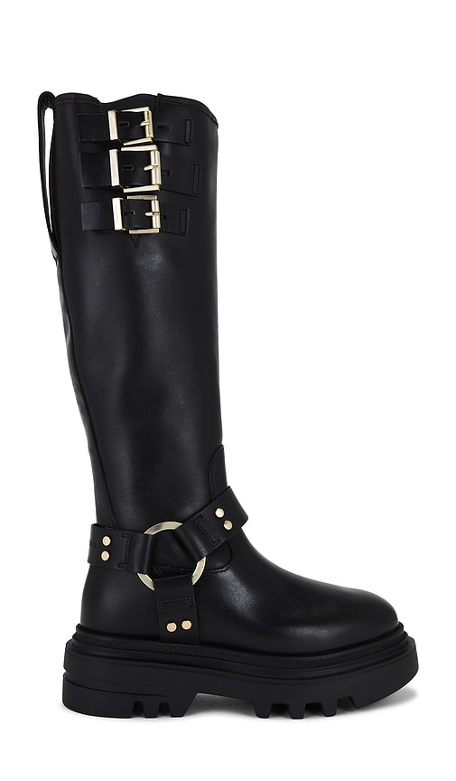 Shop Allsaints Jade Biker Boot In Black & Warm Brass