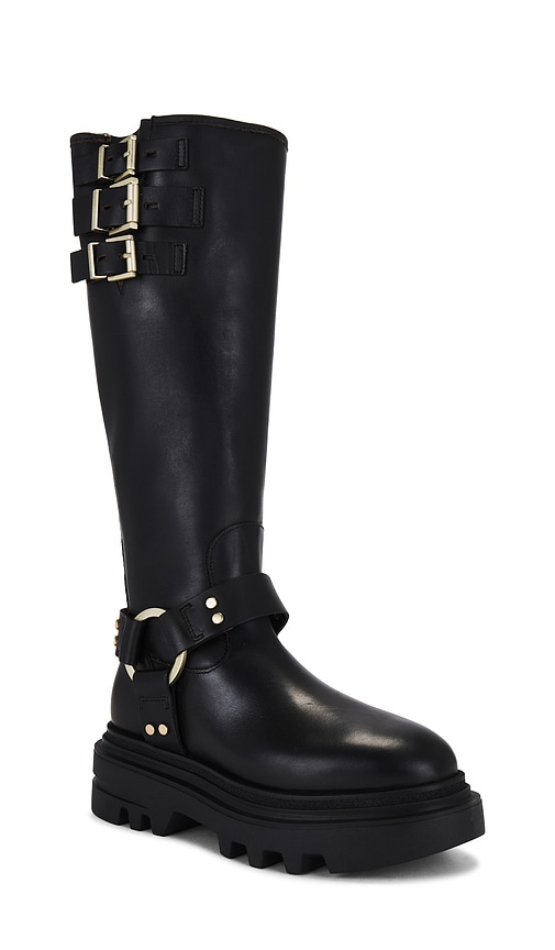 Shop Allsaints Jade Biker Boot In Black & Warm Brass