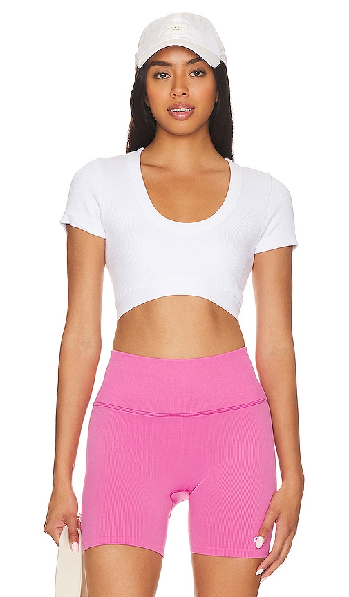 Shop Alo Yoga Seamless Ribbed Serene Short Sleeve Top In White
