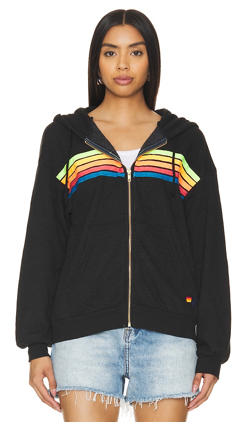 Shop Aviator Nation 5 Stripe Zip Hoodie In Black & Neon Rainbow