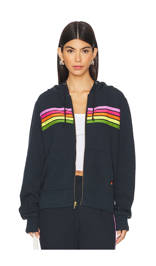 Shop Aviator Nation 5 Stripe Zip Up Hoodie In Charcoal,pink Green