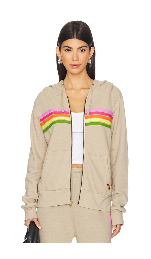 Shop Aviator Nation 5 Stripe Zip Hoodie In Sand & Pink Green