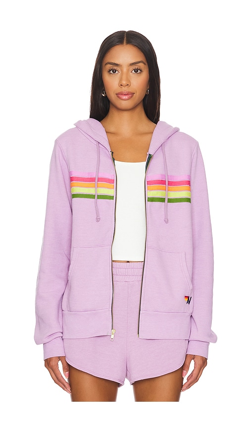 Shop Aviator Nation 5 Stripe Zip Up Hoodie In Mauve,pink Green