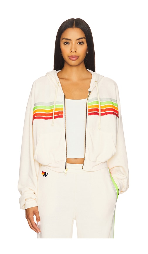 Aviator Nation 5 Stripe Cropped Zip Hoodie In Neutral