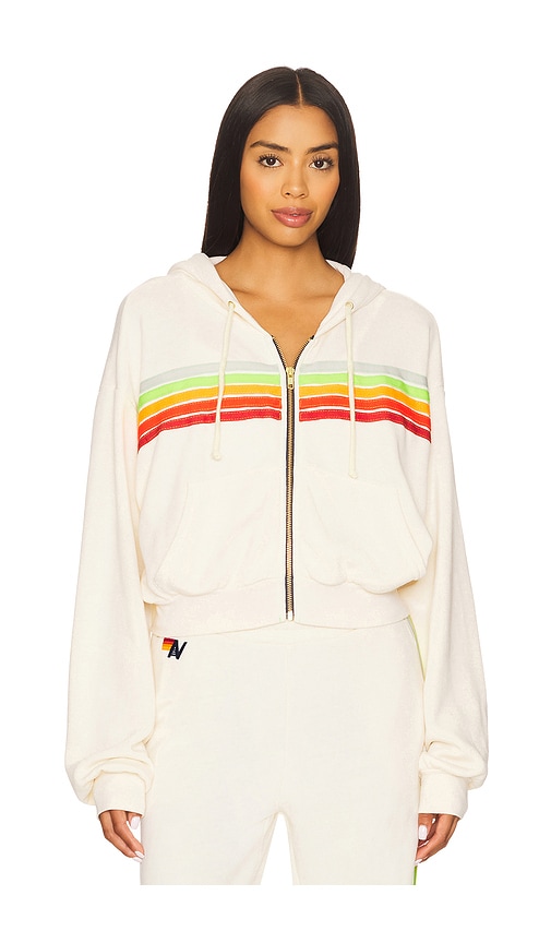 Aviator Nation 5 Stripe Cropped Zip Hoodie In Neutral