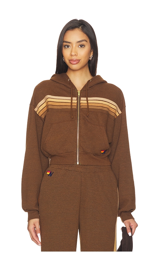 Aviator Nation 5 Stripe Cropped Zip Hoodie In Brown
