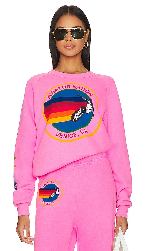 Aviator Nation Rainbow Stripe Graphic Sweatshirt In Neon Pink