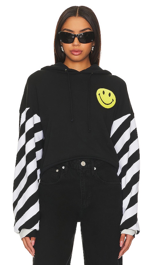 Aviator Nation Caution Stripe Sleeve Smiley Relaxed Hoodie In Black