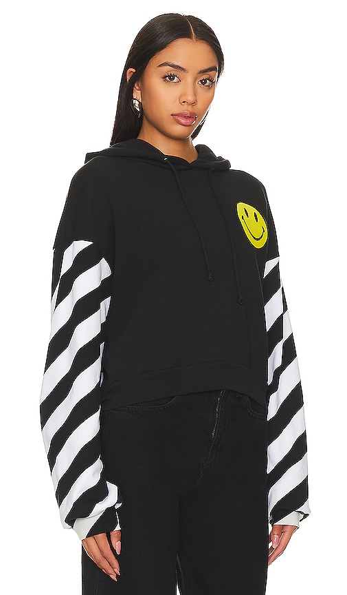 Shop Aviator Nation Caution Stripe Sleeve Smiley Relaxed Hoodie In Black