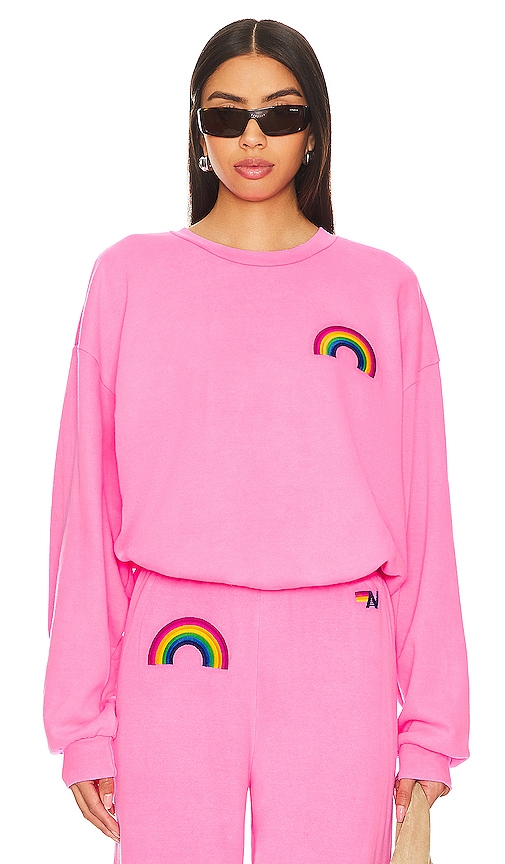 Aviator Nation Rainbow Embroidery Crew Neck Sweatshirt in Neon Pink