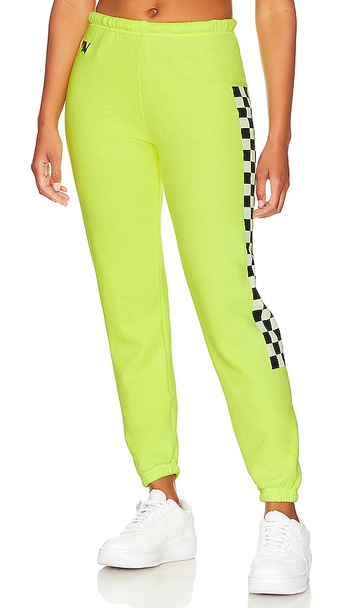 Aviator Nation Check Leg Womens Sweatpants Neon Yellow Size Medium