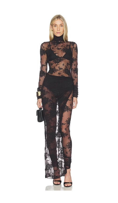 The Andamane Tessa Lace Turtleneck Openback Jumpsuit In Black