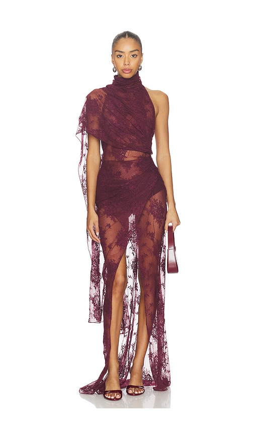 The Andamane Waverly Lace Maxi Cape-effect Maxi Dress In Burgundy