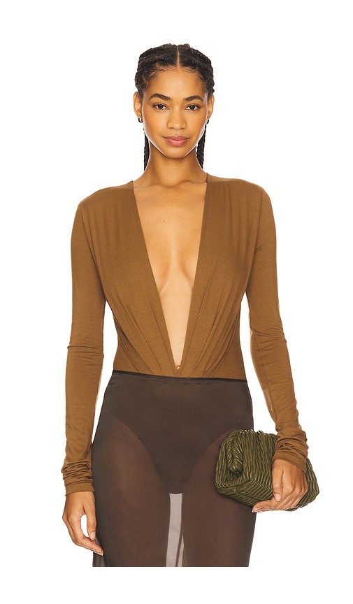 The Andamane Zelda Plunging-neckline Long-sleeve Bodysuit In Brown