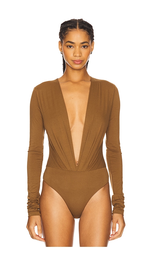 The Andamane Zelda Plunging-neckline Long-sleeve Bodysuit In Brown