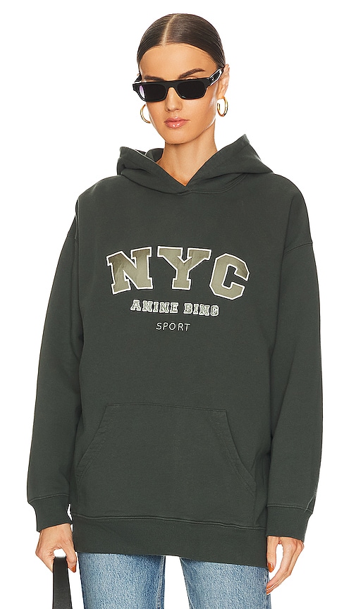 ANINE BING Sport Vincent NYC Hoodie in Charcoal Green REVOLVE