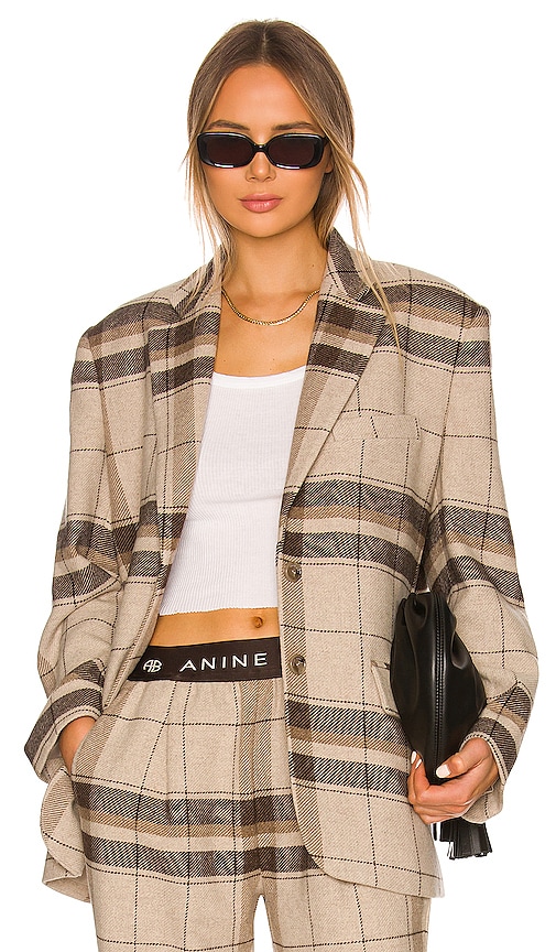 ANINE BING Quinn Blazer in Khaki Plaid REVOLVE