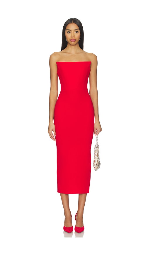 Alex Perry Strapless Stretch Crepe Midi Dress in Red