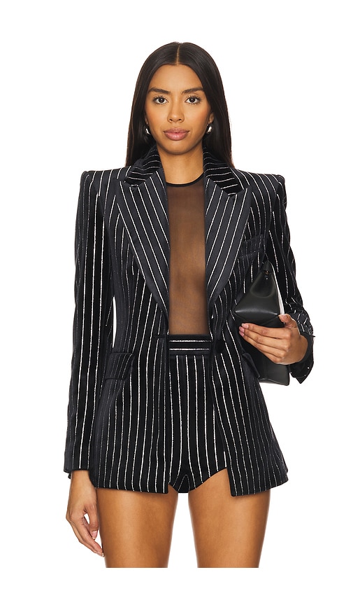 Alex Perry Crystal Velvet Single Breasted Fitted Blazer in Black
