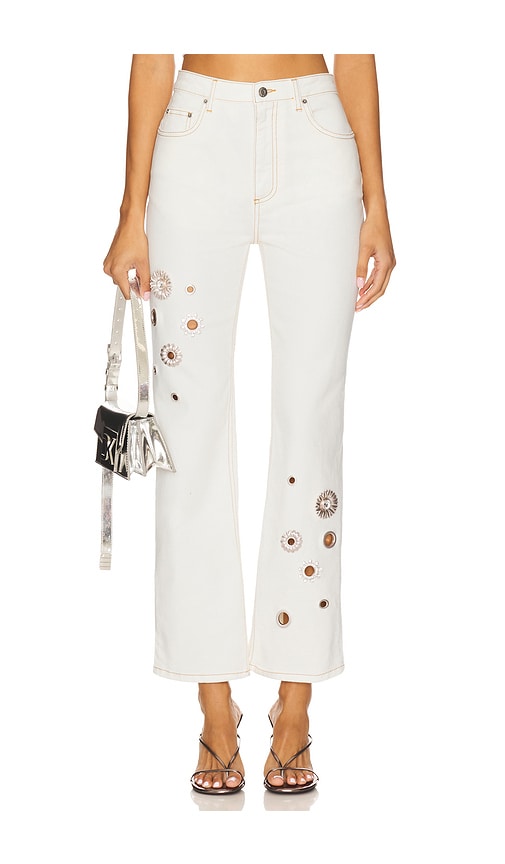 Area Crystal Grommet Straight Leg Jean In White