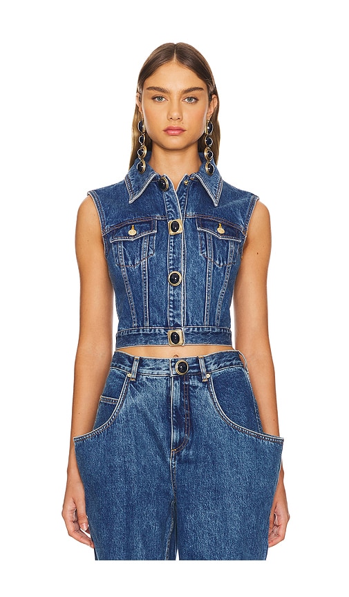 Shop Area Gemstone Button Denim Gilet In Blue