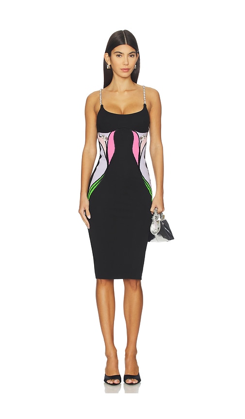 AREA Colorblock Lily Flower Midi Dress