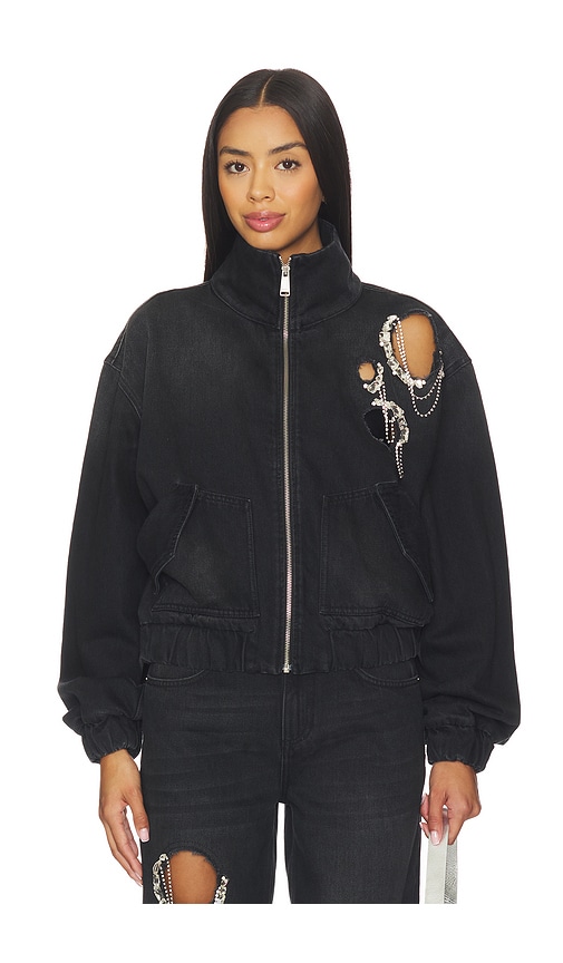Area Crystal Chain Cutout Bomber Jacket In Black