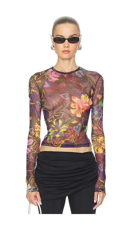 AREA Hotfix Printed Tulle Long Sleeve Top