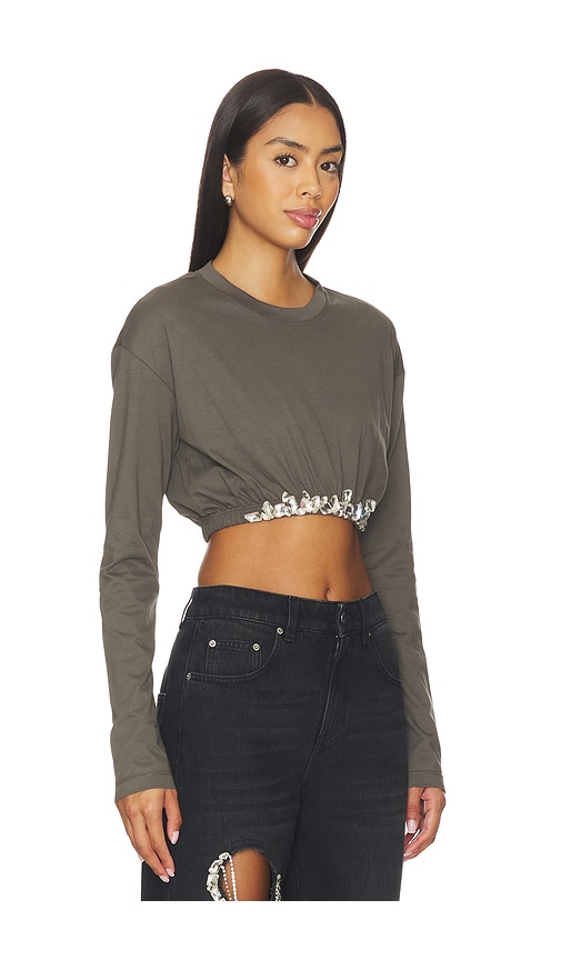 Area Crystal Cluster Long Sleeve Cropped T-shirt In Gray