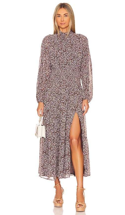 ASTR the Label Smocked Waist Maxi Dress in Brown & Purple Ditsy