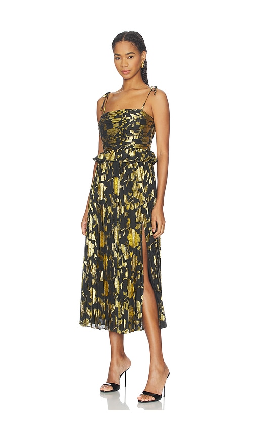 astr floral pleated midi dress The Label Emerys Metallic Floral Pleated Midi Dress In Multi