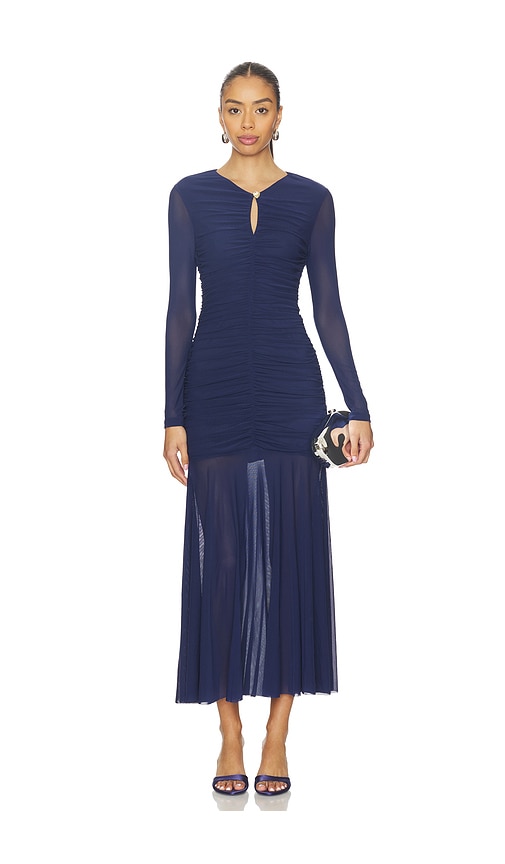 Astr Yasmine Long-sleeve Ruched Mesh Maxi Dress In Blue