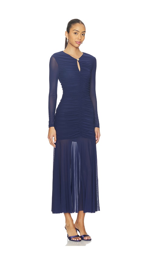 Astr Yasmine Long-sleeve Ruched Mesh Maxi Dress In Blue