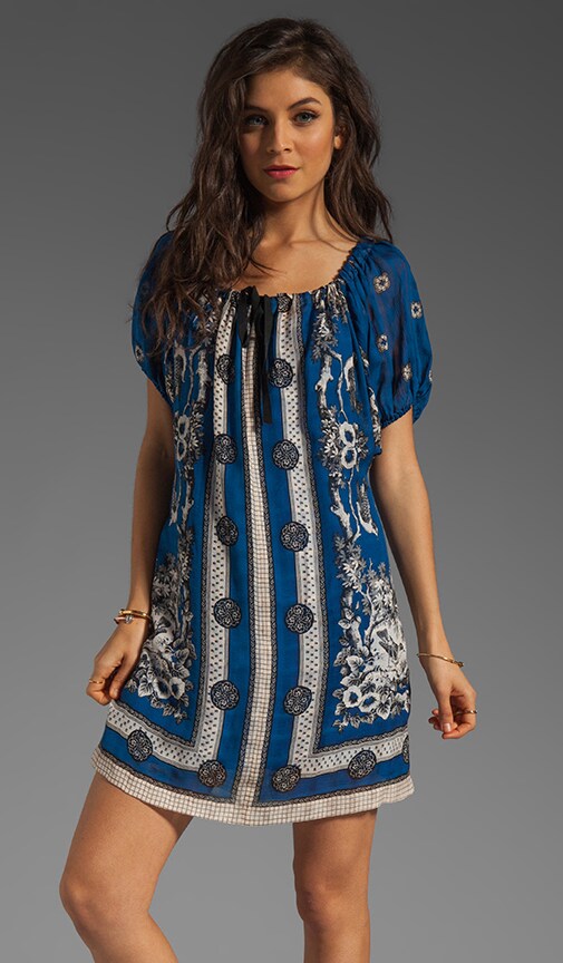 RUNWAY Blue Bird Scarf Print Jacquard Dress